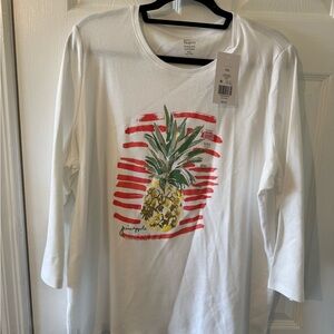 Kim Rogers White Long Sleeve Womens Tee with Pineapple Print